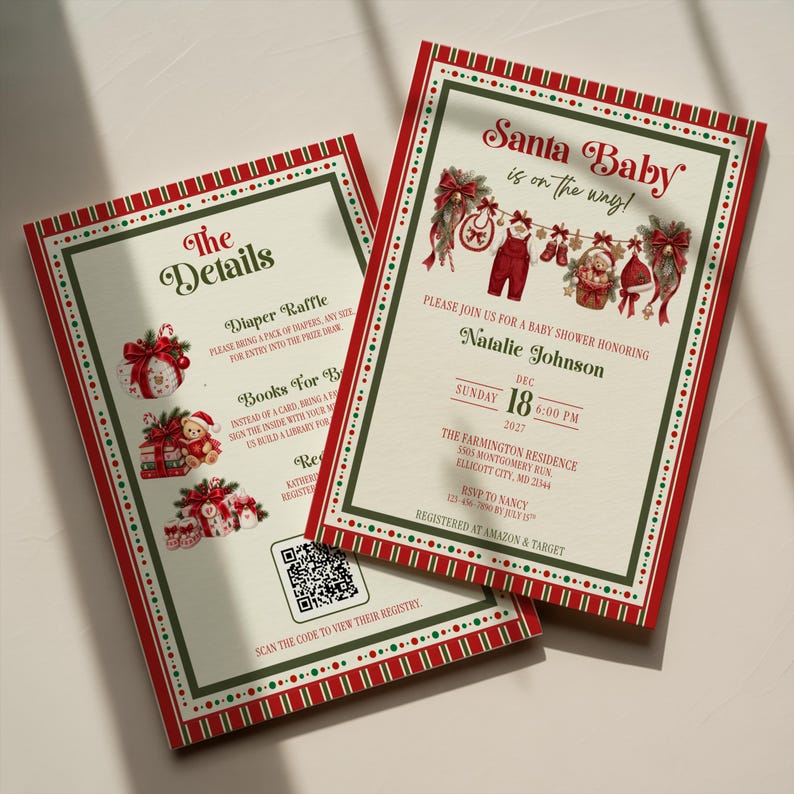 May include: Two rectangular baby shower invitation cards with a red and green border. The text reads Santa Baby is on the way, Natalie Johnson, Dec 18, 2027, and The Details. Illustrations include baby clothes, a teddy bear, and a QR code.
