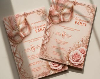 Rose Gold Masquerade Party Invitation Template, Editable Blush Pink Elegant Venetian Mask Gala Invite (Digital Download, Canva)