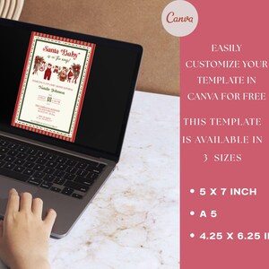 May include: A laptop screen displays a digital baby shower invitation template with a red and green striped border, featuring the text Santa Baby is on the way, baby clothing illustrations, and event details. The text indicates three sizes: 5 x 7 inch, A5, and 4.25 x 6.25 in.