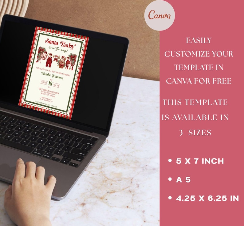 May include: A laptop screen displays a digital baby shower invitation template with a red and green striped border, featuring the text Santa Baby is on the way, baby clothing illustrations, and event details. The text indicates three sizes: 5 x 7 inch, A5, and 4.25 x 6.25 in.