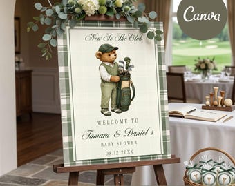 Golf Baby Shower Welcome Sign Template, New To The Club Baby Shower Poster, Editable Golf Theme Welcome Signage Canva Template