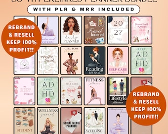 May include: A digital bundle of 35+ hyperlinked planners featuring various cover designs including daily, travel, fitness, wellness, and wedding journals. The collection includes text such as 35+ HYPERLINKED PLANNER BUNDLE, WITH PLR & MRR INCLUDED, and REBRAND & RESELL KEEP 100% PROFIT!!