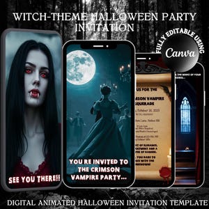 May include: A digital witch-theme Halloween party invitation template displayed on four smartphone screens. The screens show a vampire with red eyes, a moonlit ballroom scene, a scroll with event text, and a gothic window with red curtains.