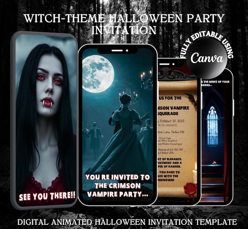 May include: A digital witch-theme Halloween party invitation template displayed on four smartphone screens. The screens show a vampire with red eyes, a moonlit ballroom scene, a scroll with event text, and a gothic window with red curtains.
