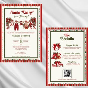 May include: A two-part baby shower invitation set with a red and green border. The left card features the text Santa Baby is on the way, baby clothes, and event details for Natalie Johnson. The right card includes The Details, raffle info, and a QR code.