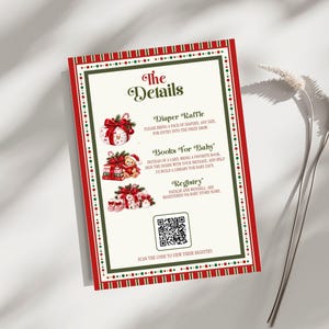May include: A rectangular baby shower invitation card with a red and green border featuring the text The Details, Diaper Raffle, Books For Baby, and Registry. It includes illustrations of wrapped gifts, a teddy bear, and a QR code for scanning.