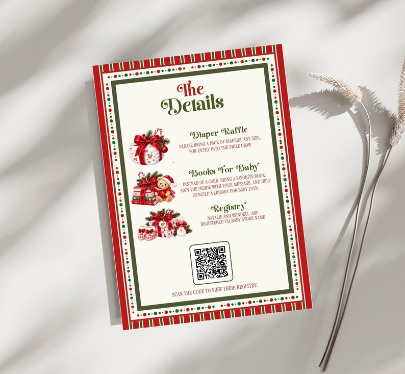 May include: A rectangular baby shower invitation card with a red and green border featuring the text The Details, Diaper Raffle, Books For Baby, and Registry. It includes illustrations of wrapped gifts, a teddy bear, and a QR code for scanning.