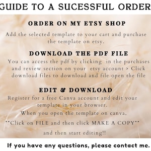 May include: A digital instructional graphic titled GUIDE TO A SUCESSFUL ORDER. It outlines steps: ORDER ON MY ETSY SHOP, DOWNLOAD THE PDF FILE, and EDIT & DOWNLOAD using Canva. It includes instructions to make a copy and contact for questions.