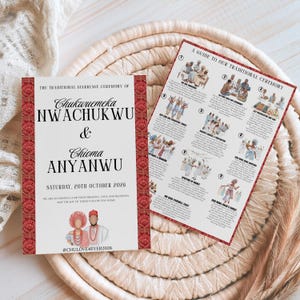 May include: A wedding invitation and a ceremony guide card featuring red patterned borders. The invitation displays the names Chukwuemeka Nwachukwu and Chioma Anyanwu, the date October 20th, 2026, and a couple illustration. The guide details nine ceremony steps.