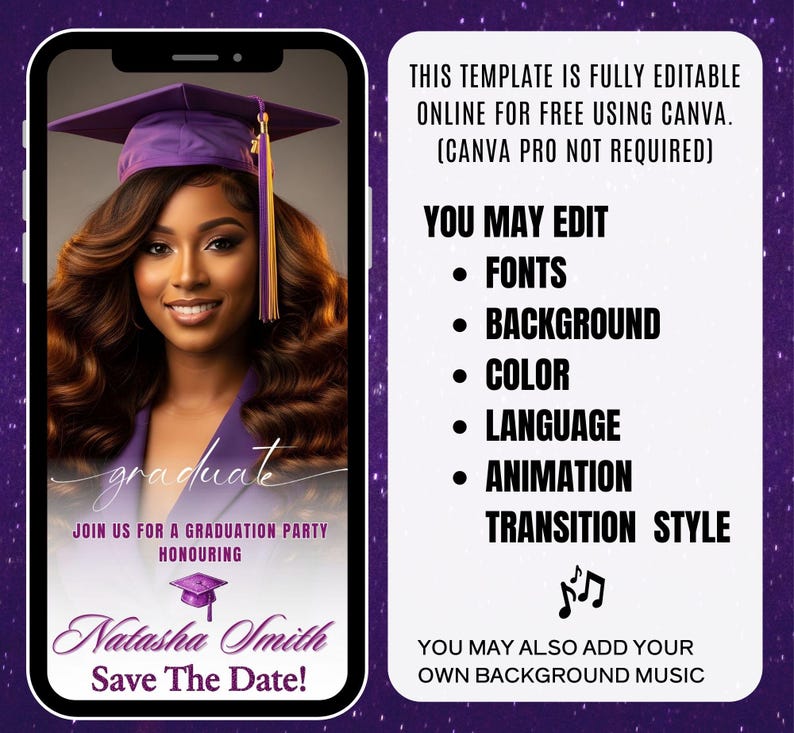 Digital Graduation Invitation, Purple Editable Animated Save the Date ...