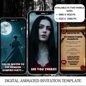 May include: A digital animated invitation template for a vampire-themed masquerade party, displayed on three smartphones. The screens show a moonlit ballroom scene, a portrait of a vampire with red eyes, and a scroll with text details in 1080x1920 px.