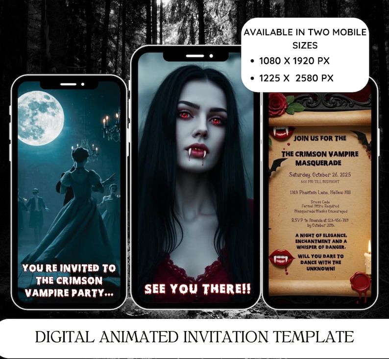 May include: A digital animated invitation template for a vampire-themed masquerade party, displayed on three smartphones. The screens show a moonlit ballroom scene, a portrait of a vampire with red eyes, and a scroll with text details in 1080x1920 px.