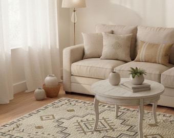 Tapete tribal bege feito à mão: tapete geométrico boho com detalhes decorativos.