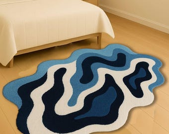 Blue Wavy Wool Rug, Irregular Shape Hand Tufted Modern Abstract Area Rug