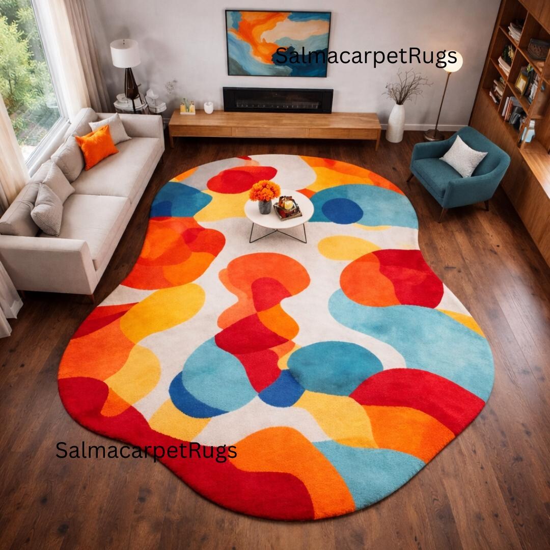 Abstract Irregular Rug, Colorful Mid Century Modern Area Rug, Aesthetic ...