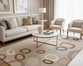 Wollen vloerkleed in mid-century modern stijl, geometrisch abstract cirkelvormig handgetuft tapijt