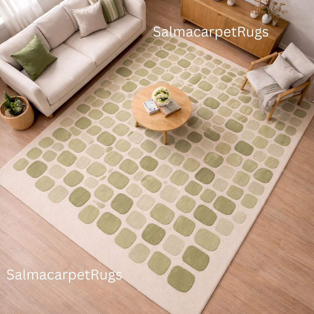 Green Earthy Pattern Rug Green Pebble Rug, Sage Green Area Rug, Modern Geometric Rug for Living ...