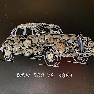 May include: Artwork of a vintage BMW 502 V8 from 1961, rendered in white outline on a black background. The car's body is filled with watch parts, creating a unique, steampunk-inspired design. The license plate reads M-P98.