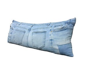 Minimalist Decor Blue Denim Jean Lumbar Pillow Cover, 12x35 inches