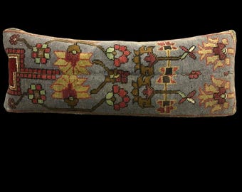 Vintage Turkish Wool Rug Lumbar Pillow Cover: Extra Long Accent Pillow (13x37”)