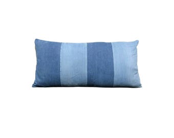 Blue Patchwork Denim Jean Lumbar Pillow Cover, 13x28 inches