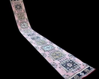 Handgjord löpare i ulltrappa: 2x21 rosa med blå boho medaljongmatta, 72 x 648 cm