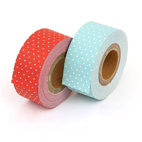 20% off sale - Cartonnage Tape - Red & Pale Blue Polka Dots - 25mm Wide