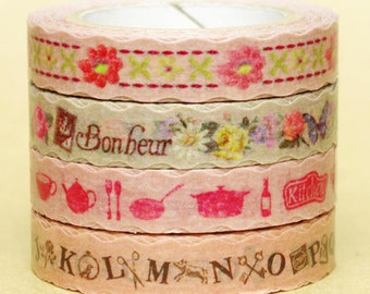 10% off sale - NamiNami Washi Masking Tape - Bavarian Quilt, Vintage Flower & Kitchen, Antique Alphabet - Slim
