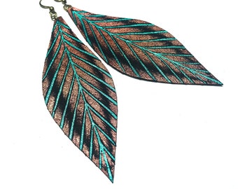 Large Leather Feather Earrings , Hand Painted Earrings , Teal Copper Isabella Earrings