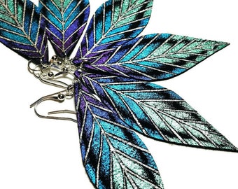 Small Leather Feather Earrings , Hand Painted Earrings , Peacock Isabella Earrings