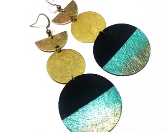 Moon Phase Earrings , Leather Moon Earrings , Hand Painted Leather Earrings