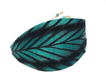 Hand Painted Leather Bracelet , Adjustable Cuff , Teal and Black Bracelet