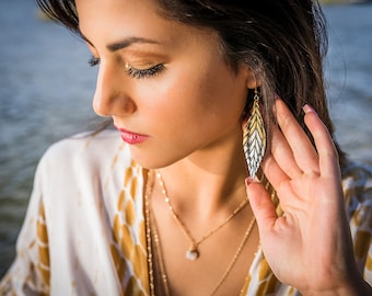 Small Leather Feather Earrings , Hand painted earrings , Isabella Earrings