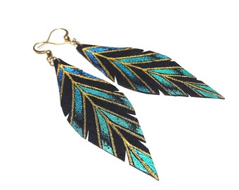 Small Leather Feather Earrings , Hand Painted Earrings , Blue Gold and Teal Gabriella Earrings
