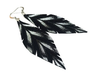 Small Leather Feather Earrings , Hand painted earrings , Black and Silver Gabriella Earrings