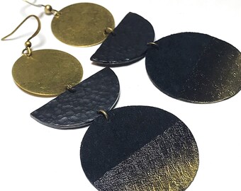 Leather Brass Half Moon Earrings , Hammered Moon Earrings , Painted Leather Earrings