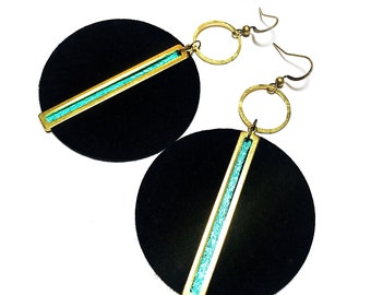 Brass Leather Circle Earrings with Teal Accent