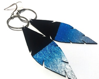 Ombre Dipped Blue Leather Feather Earrings , Hand painted earrings , Lake Tahoe Blue Earrings