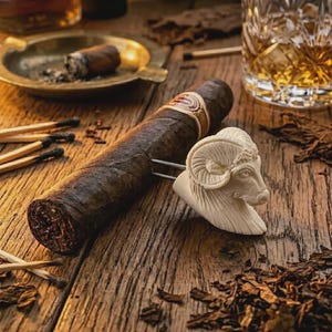 May include: A dark brown cigar with a decorative band, held by a ram-head cigar rest. The scene includes a gold ashtray with a lit cigar, matches, and a glass of amber liquid, all on a wooden surface.