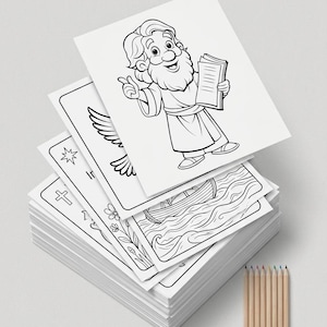 Peut inclure: Une pile de pages à colorier avec des illustrations en noir et blanc de personnages et de symboles religieux. La page supérieure montre un personnage de dessin animé tenant un livre. Un ensemble de crayons de couleur est à côté.