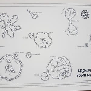 May include: A black and white hand-drawn map of an archipelago called 'ARCHIPEL D'OUTER WILDS.' The map shows several islands with names and details like mountains, rivers, and buildings.