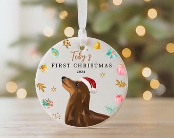 Bassotto Cane Primo Natale, Ornamento per cani del cliente Ornamento personalizzato Ornamento di Natale per cani Ornamento per cuccioli personalizzato Cane Bassotto Cucciolo