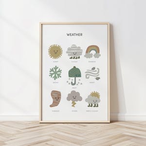 Tabla de aprendizaje del clima en tonos tierra, póster educativo Montessori de ciencia para niños, herramienta de enseñanza diversa, clima preescolar, decoración para la educación en el hogar