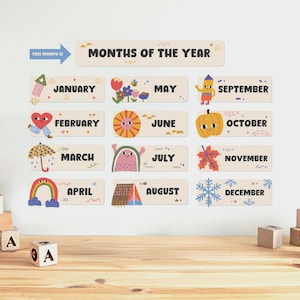 May include: A colorful educational wall chart displaying the months of the year, each with a unique illustration. The chart includes the text "Months of the Year" and individual month labels like January, February, and March. Wooden blocks and toys are in the foreground.
