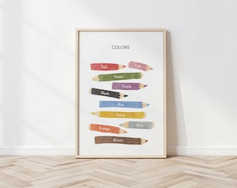 May include: A framed art print featuring the word "COLORS" above a collection of colorful pencils. Each pencil is labeled with a different color: Red, Green, Black, Purple, Blue, Yellow, Orange, Brown, Pink, and Gray. The pencils are arranged in a stacked, horizontal layout.