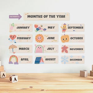 Tarjetas de los meses del año, arte mural educativo, decoración neutra para el aula, calendario en tonos pastel, aprendizaje Montessori, educación en casa, regalos para profesores.