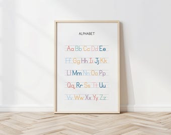 Puede incluir: Un estampado del alfabeto enmarcado con letras coloridas sobre un fondo blanco. La palabra "ALPHABET" está en la parte superior. Las letras son de varios colores, incluyendo naranja, azul y verde. El estampado está en un marco de madera clara.