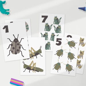 Cartões numéricos em tons de terra de 1 a 10, cartões educativos de contagem, materiais de aprendizagem Montessori, cartões de contagem de animais, download digital
