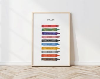 May include: A framed print featuring a collection of colorful crayons. The word "COLORS" is at the top. Each crayon is a different color, including red, green, purple, pink, black, blue, yellow, grey, orange, and brown.
