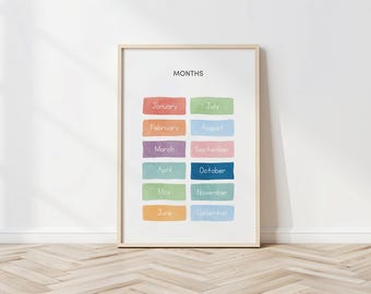 Poster dei mesi dell'anno con colori ad acquerello: decorazioni per l'aula in colori pastello (download digitale)